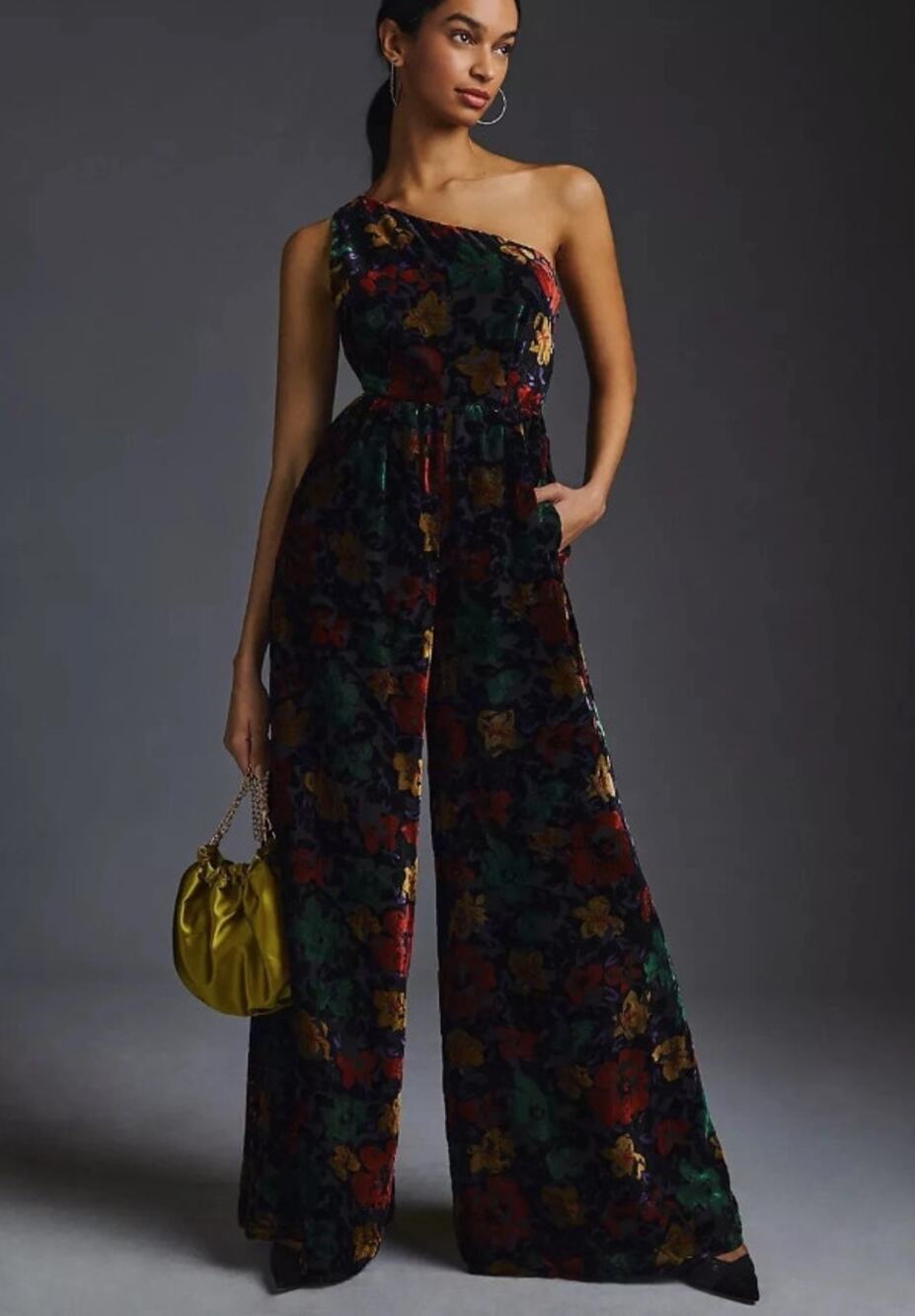 Anthropologie Hutch Velvet One-Shoulder Floral Wide Leg Jumpsuit Size 2